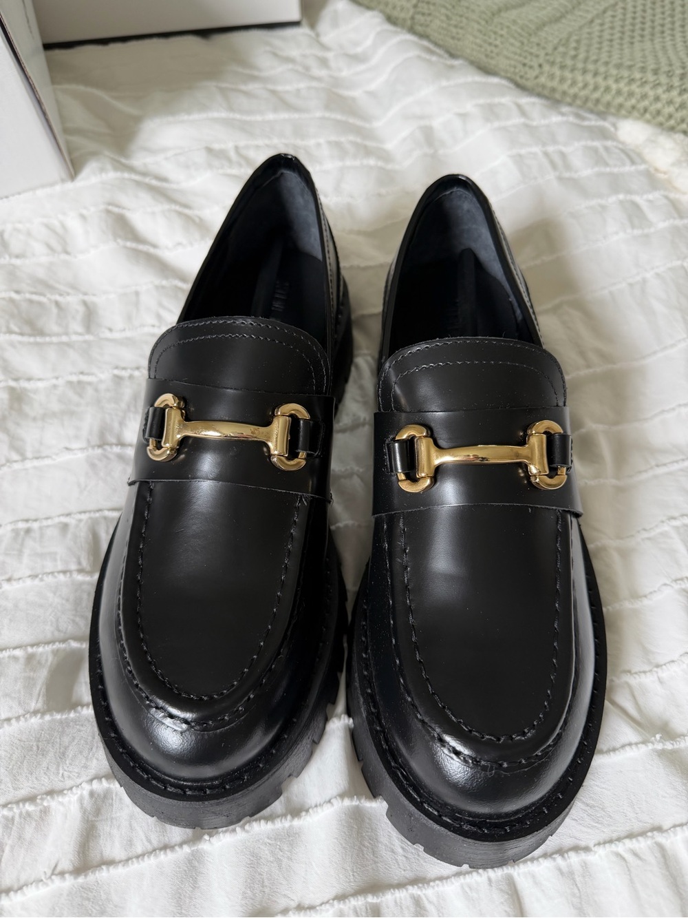 Chunky Platform Loafers in Black with Gold Accent - Women's Shoes - Picture 2 of 8